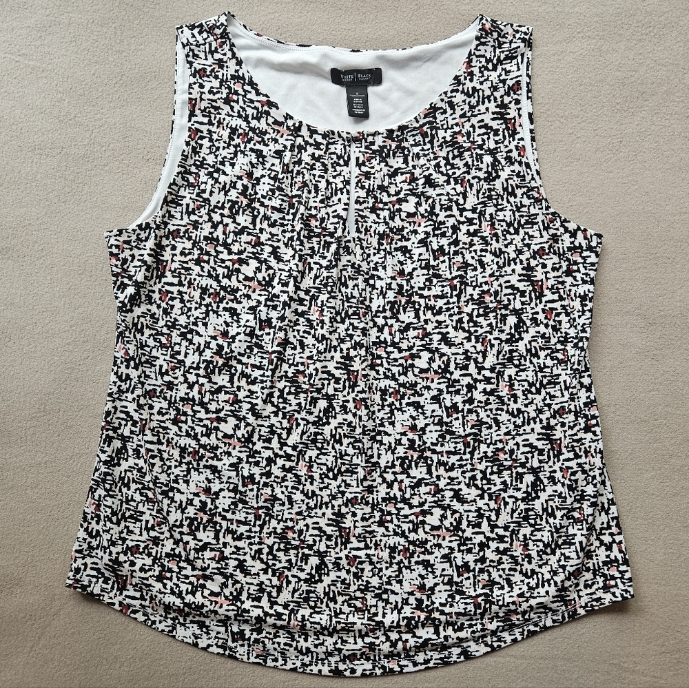WHBM Abstract Print Sleeveless Shell Blouse, Size Large, EUC (Black, Ecru, Pink)